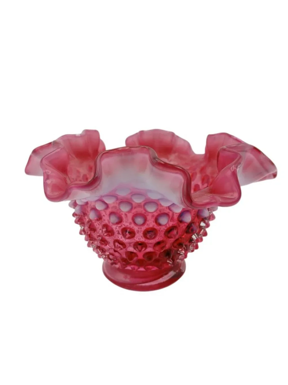 Fenton Cranberry Opalescent Hobnail Bowl Ruffled Art Glass 7